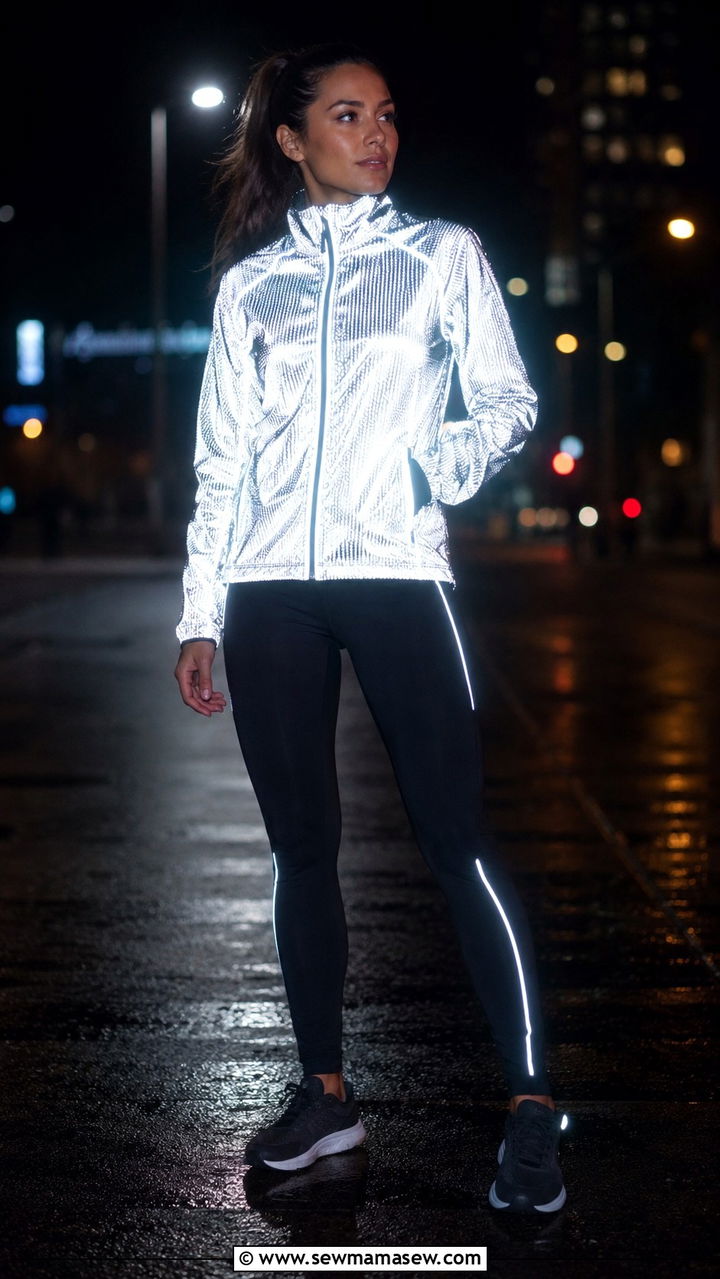 Reflective running jacket and dark leggings for night safety - 30 Running outfit ideas for beginners