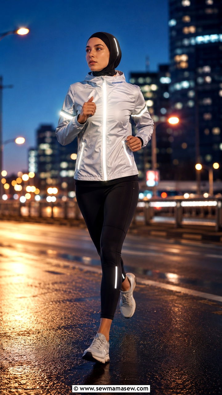 Reflective running jacket with compression tights and reflective detail hijab - 25 Modest running outfit ideas with hijab