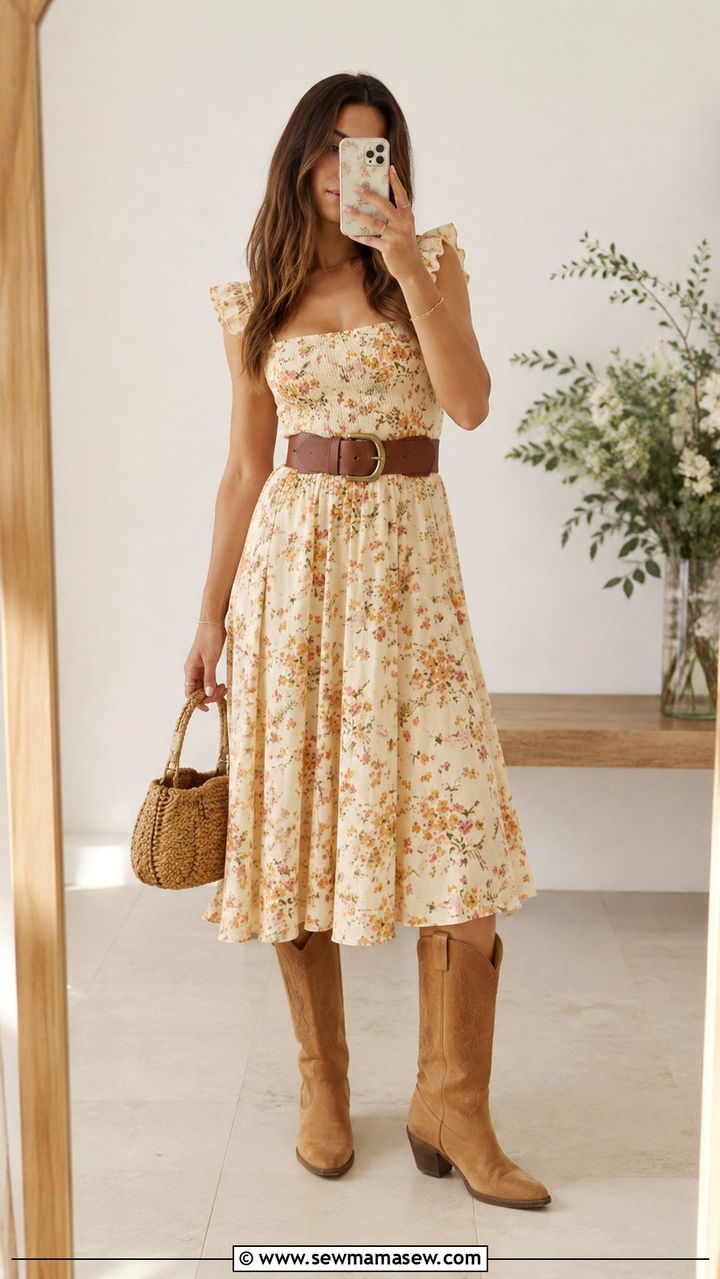 Reformation Prairie Dress With Cowboy Boots - 20 Boho outfit ideas Reformation style