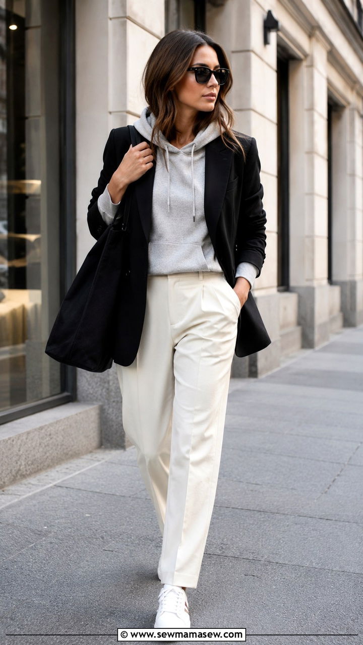 Relaxed Blazer Hoodie Tailored Trousers - 30 model off duty capsule wardrobe outfits
