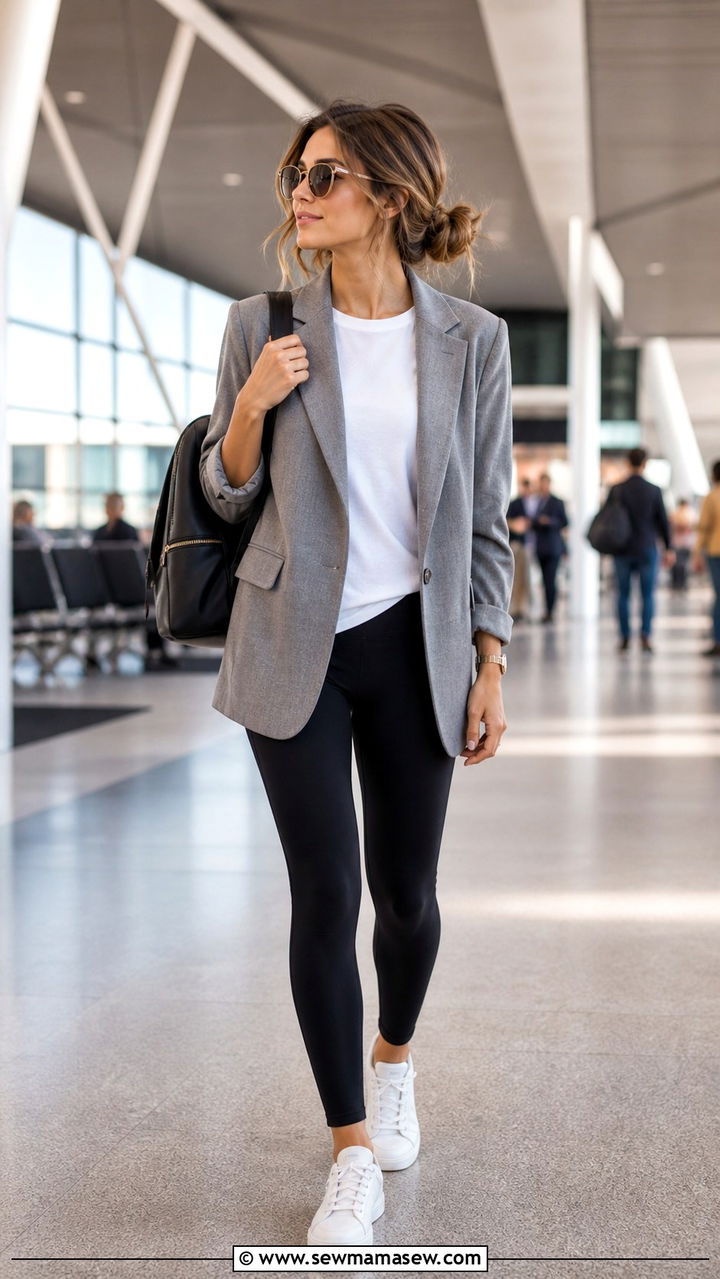 Relaxed Blazer Outfit With Leggings And Clean Sneakers - 40 classy vacation outfits