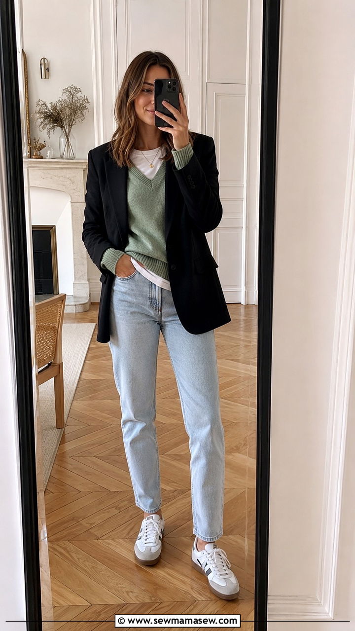 Relaxed Blazer Over a Pastel V Neck Knit with a White Tee Peeking Out - 30 Parisian street style outfit ideas