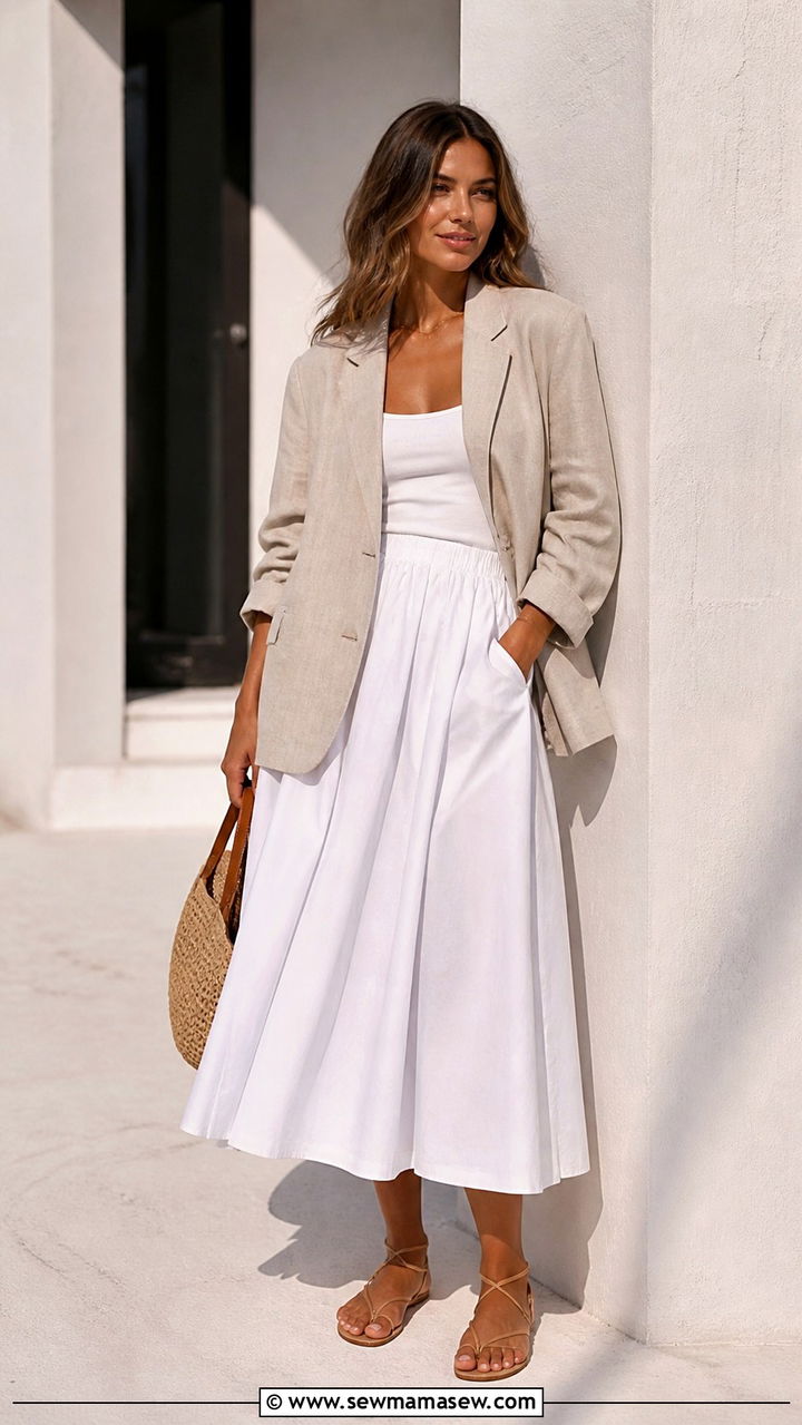 Relaxed Blazer With A White Poplin Midi Skirt - 40 Summer outfit ideas