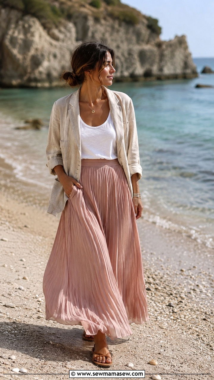 Relaxed Blazer With Pleated Maxi Skirt And Flat Sandals - 30 Pleated skirt outfit ideas with a blazer