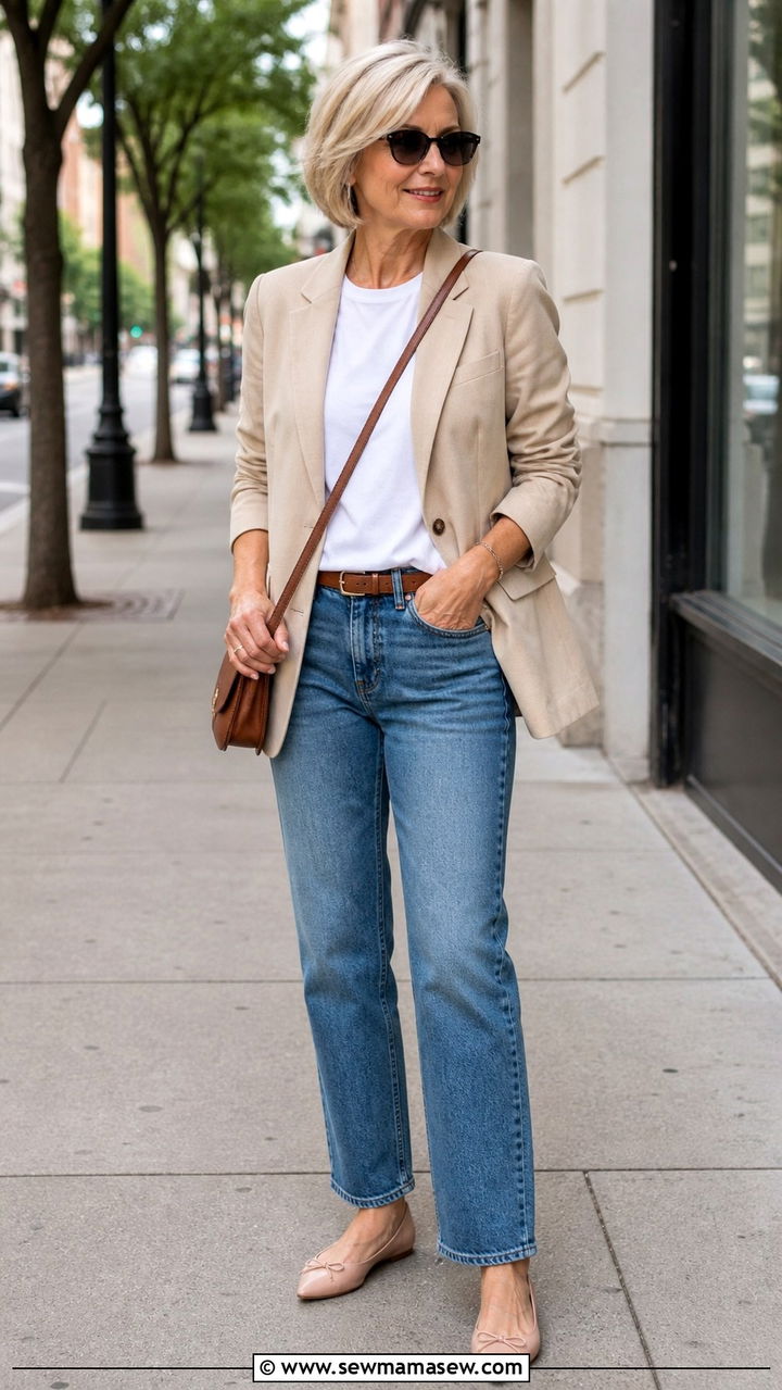 Relaxed Blazer With Straight Leg Jeans and a White Tee - 40 Spring outfit ideas for women over 50 2026