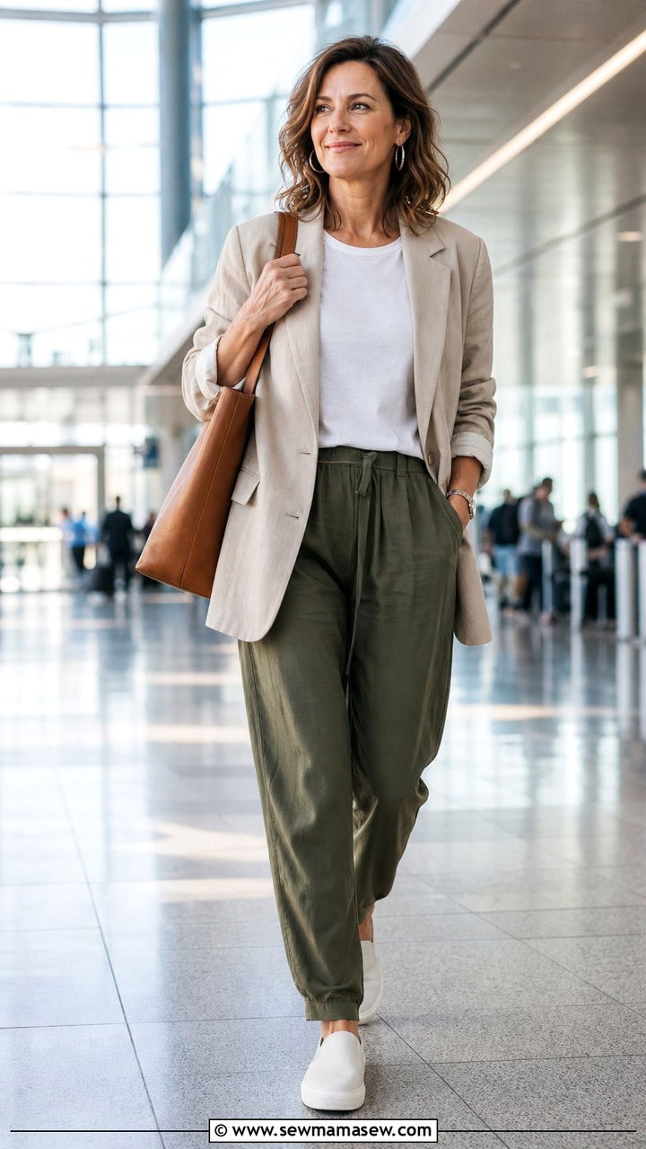 Relaxed Blazer With Tee And Soft Trousers Airport Outfit - 35 Airport outfits for women over 40