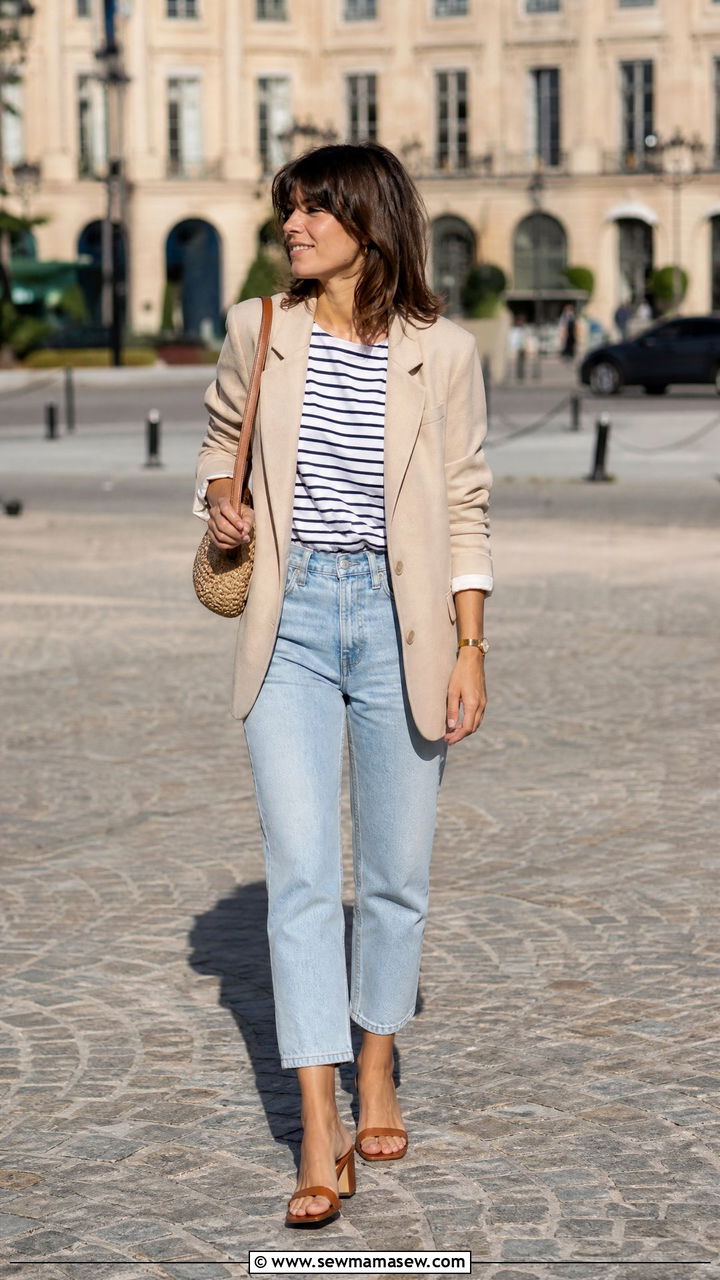 Relaxed Blazer With a Striped Tee and Cropped Jeans - 25 French girl outfit ideas casual