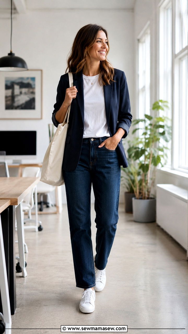 Relaxed Blazer with Dark Jeans and White Sneakers - 25 work outfits Pinterest