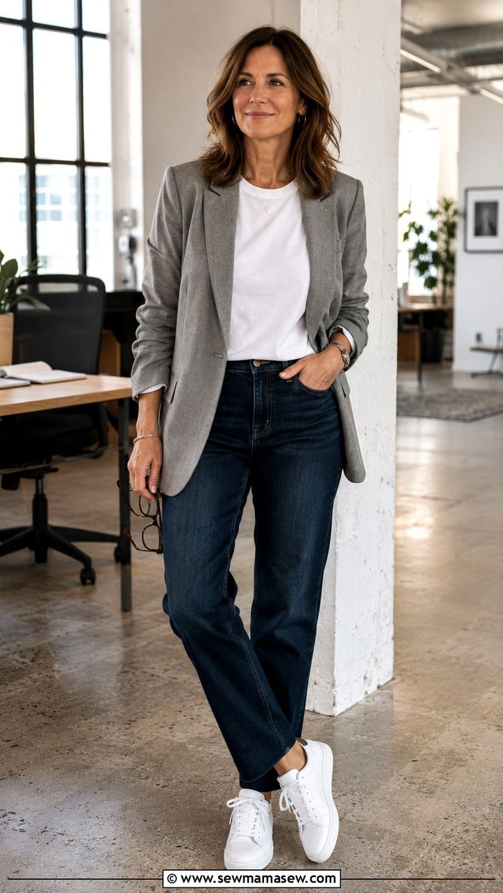 Relaxed Blazer with Dark Wash Straight Leg Jeans - 25 Work outfits for women over 60