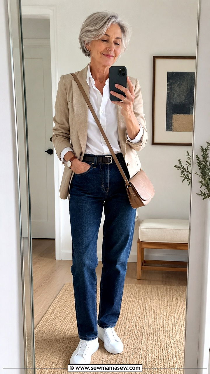 Relaxed Blazer with Poplin Shirt and Straight Leg Jeans - 25 Weekend outfit ideas for women over 60