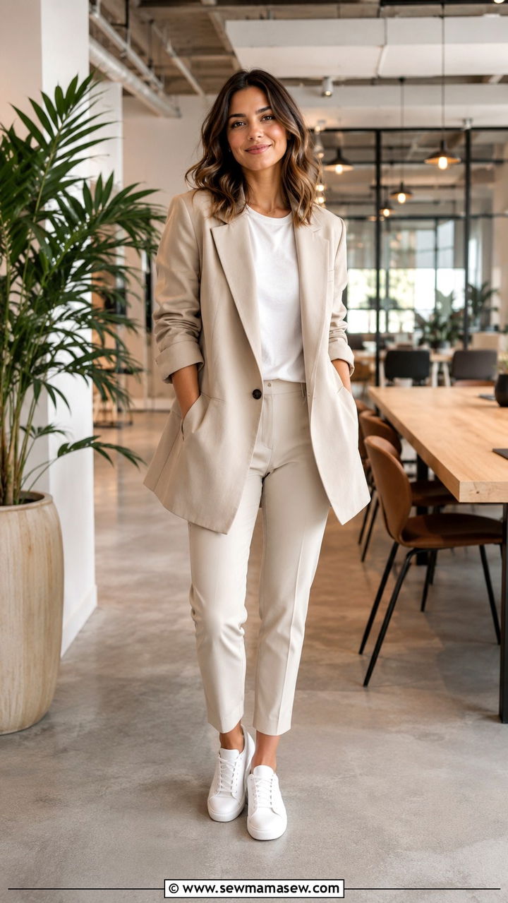 Relaxed Blazer with Slim Trousers and White Sneakers - 30 LinkedIn photo outfit ideas