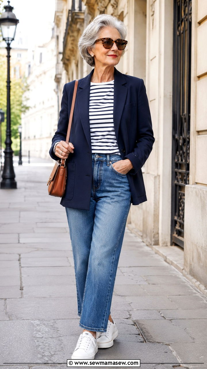Relaxed Blazer with Striped Tee and Straight Jeans Outfit - 30 Chic outfit ideas for women over 60