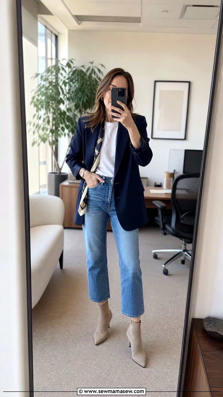 Relaxed Blazer with T shirt and Cropped Jeans and Sock Booties - 25 Business casual outfits with boots