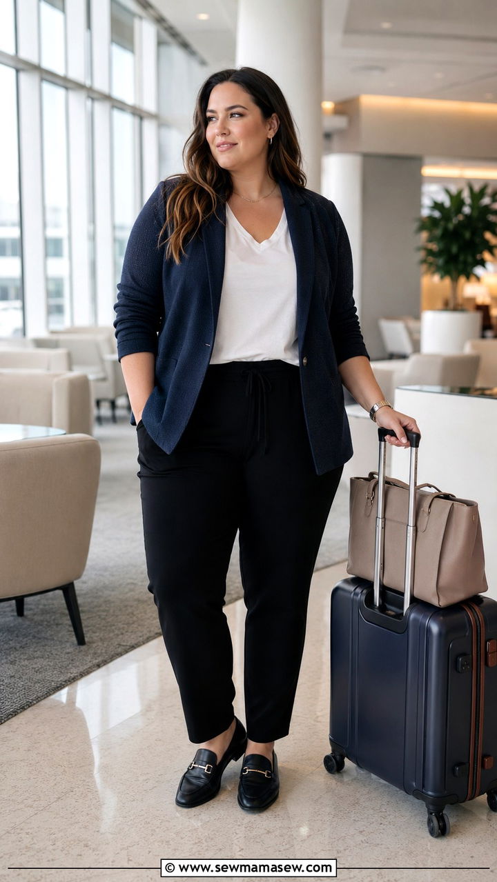 Relaxed Blazer with Tee and Pull On Trousers - 30 Plus size travel outfit ideas
