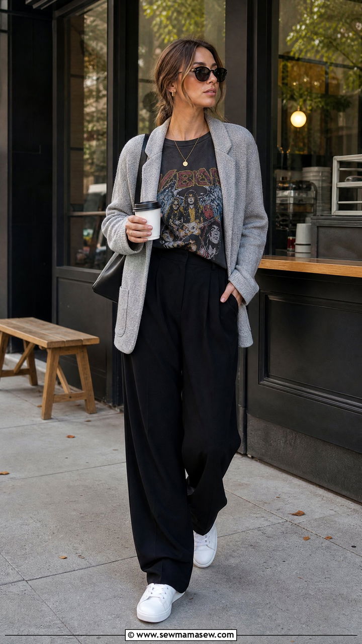 Relaxed Blazer with a Graphic Tee and Wide Leg Trousers - 25 How to dress in your 40s