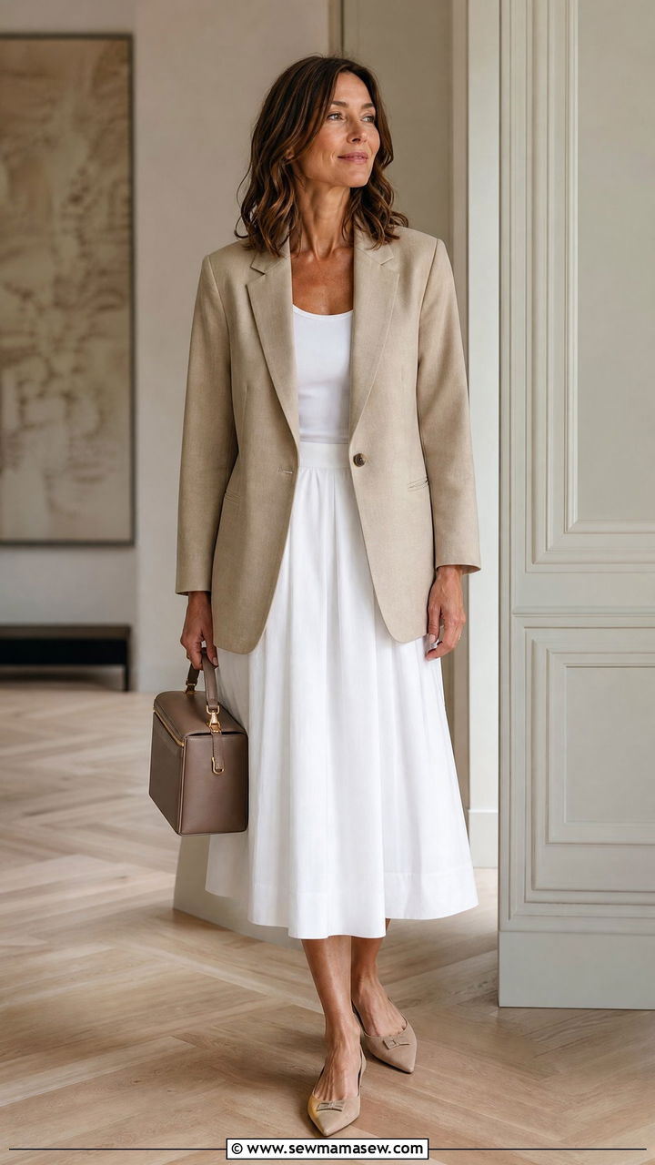 Relaxed Blazer with a Poplin Midi Skirt - 35 Minimalist outfit ideas for women over 40