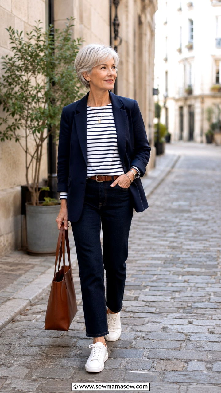 Relaxed Blazer with a Striped Tee and Straight Leg Jeans - 30 Petite outfits for women over 60