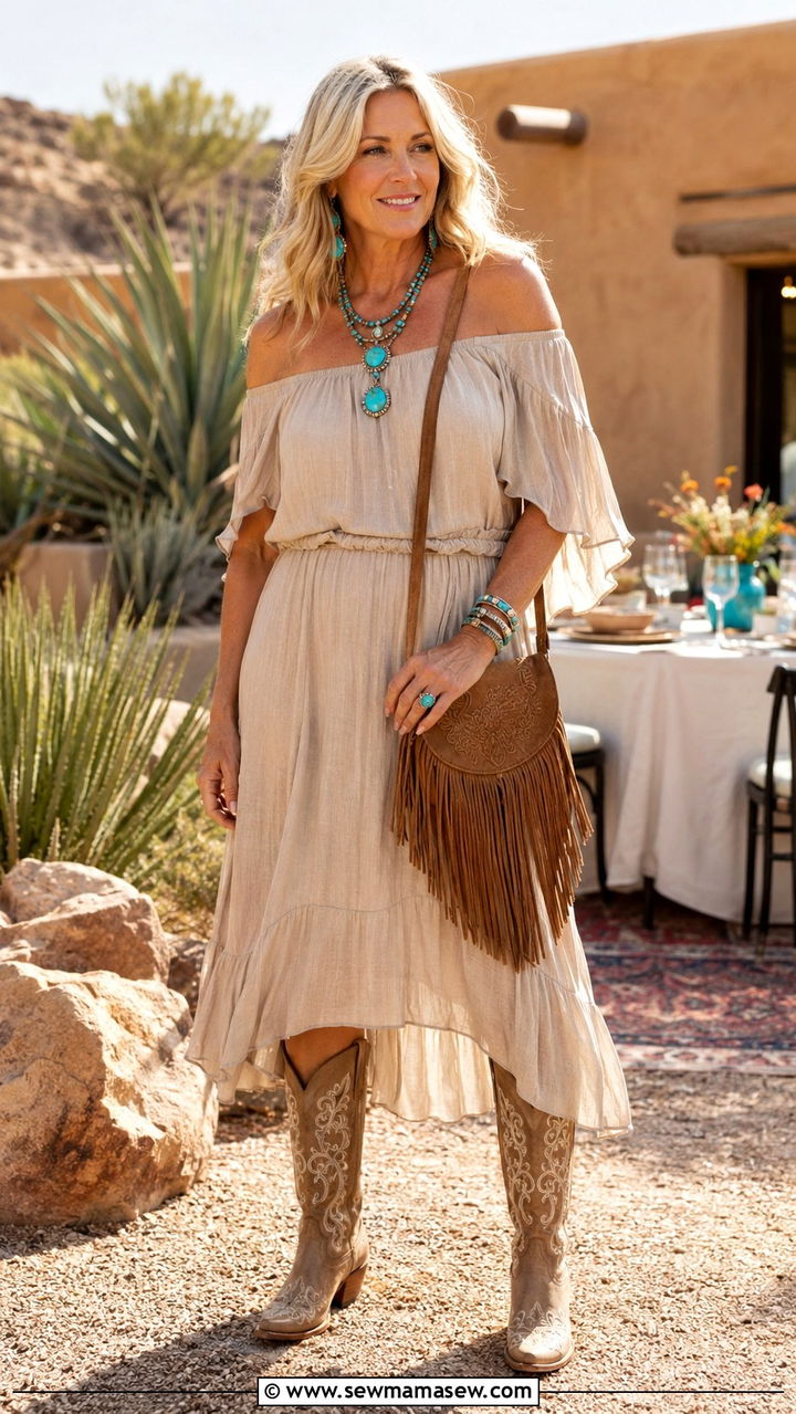 Relaxed Boho Dress with Western Boots - 30 Boho outfit ideas for women over 50