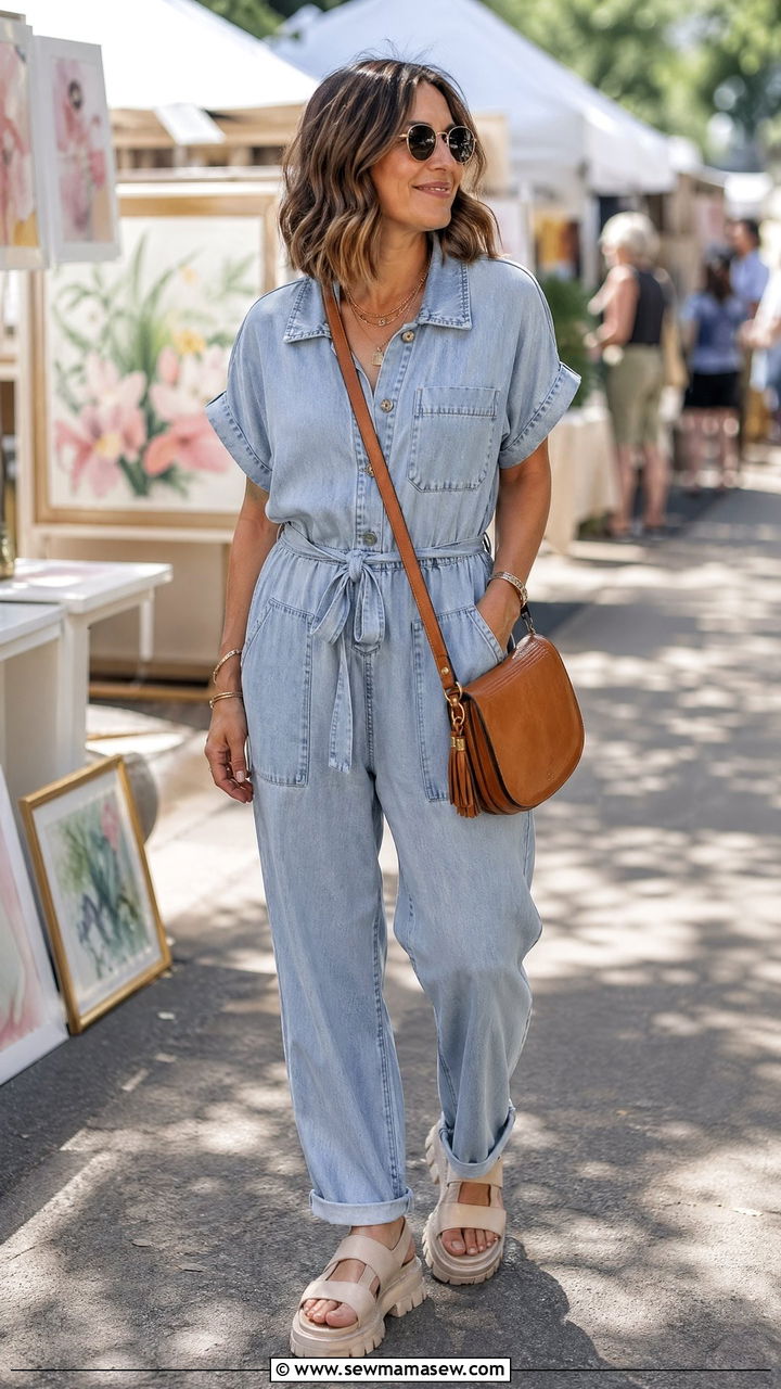 Relaxed Boilersuit and Chunky Sandals Outfit - 35 Cool mom outfit ideas