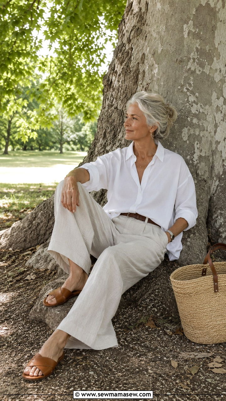 Relaxed Button Down and Linen Pants - 30 Picnic outfits for women over 60