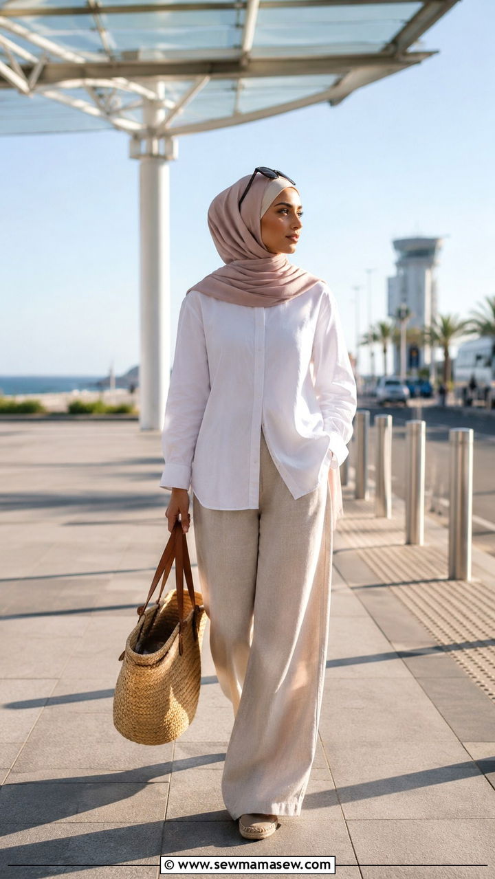 Relaxed Button Down with Wide Leg Linen Trousers and Espadrilles - 30 Modest outfit ideas for airport