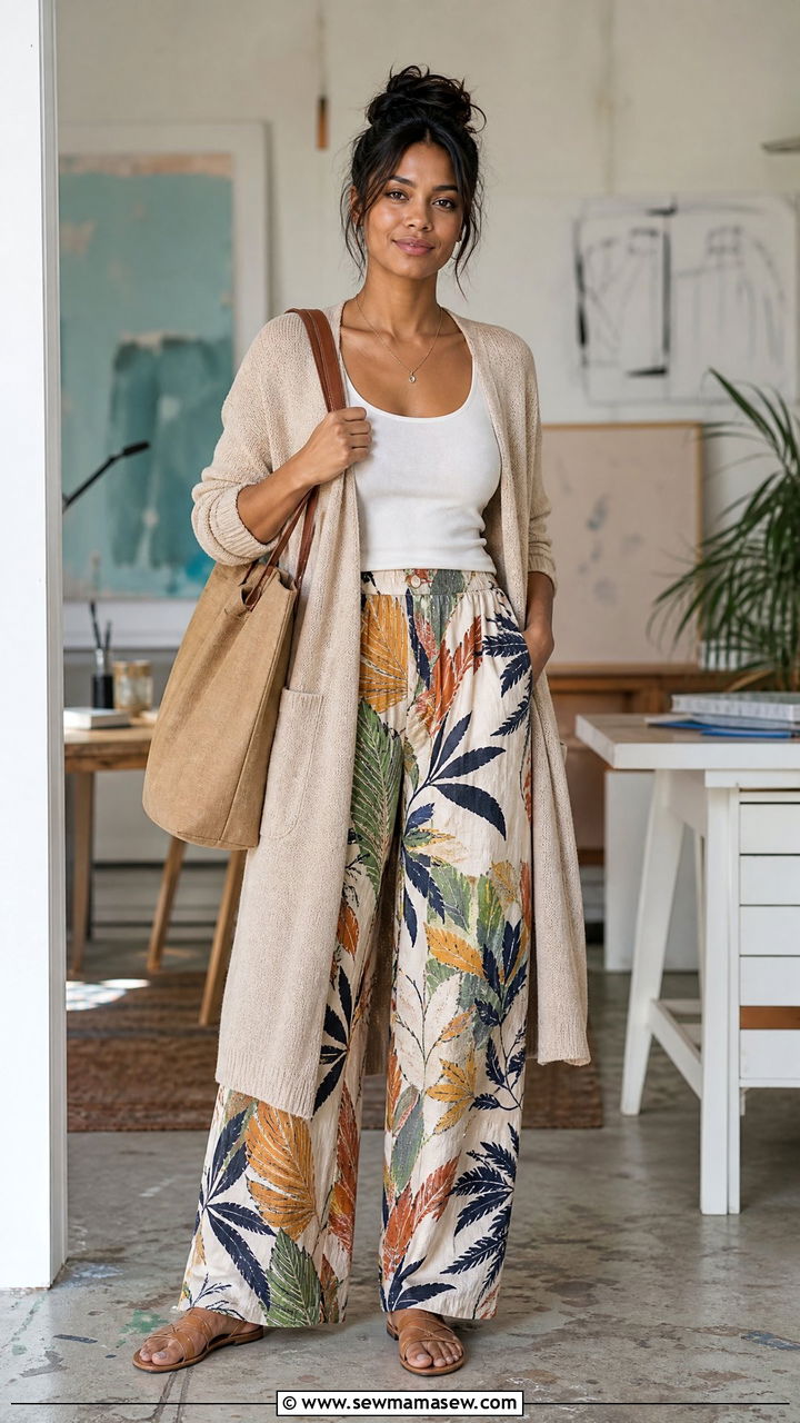 Relaxed Cardigan With Printed Trousers Outfit - 30 Confident spring outfit ideas