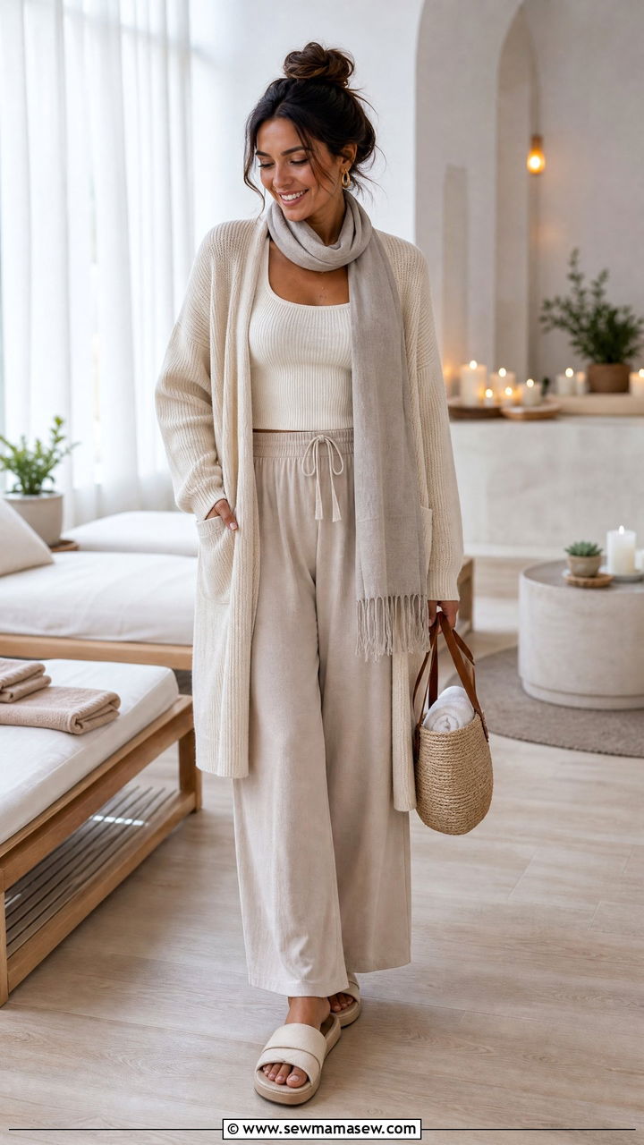 Relaxed Cardigan With Ribbed Tank and Palazzo Pants - 30 Cozy spa day outfit ideas