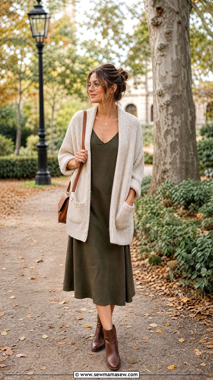 Relaxed Cardigan With Slip Dress And Ankle Boots - 25 classy librarian core outfits