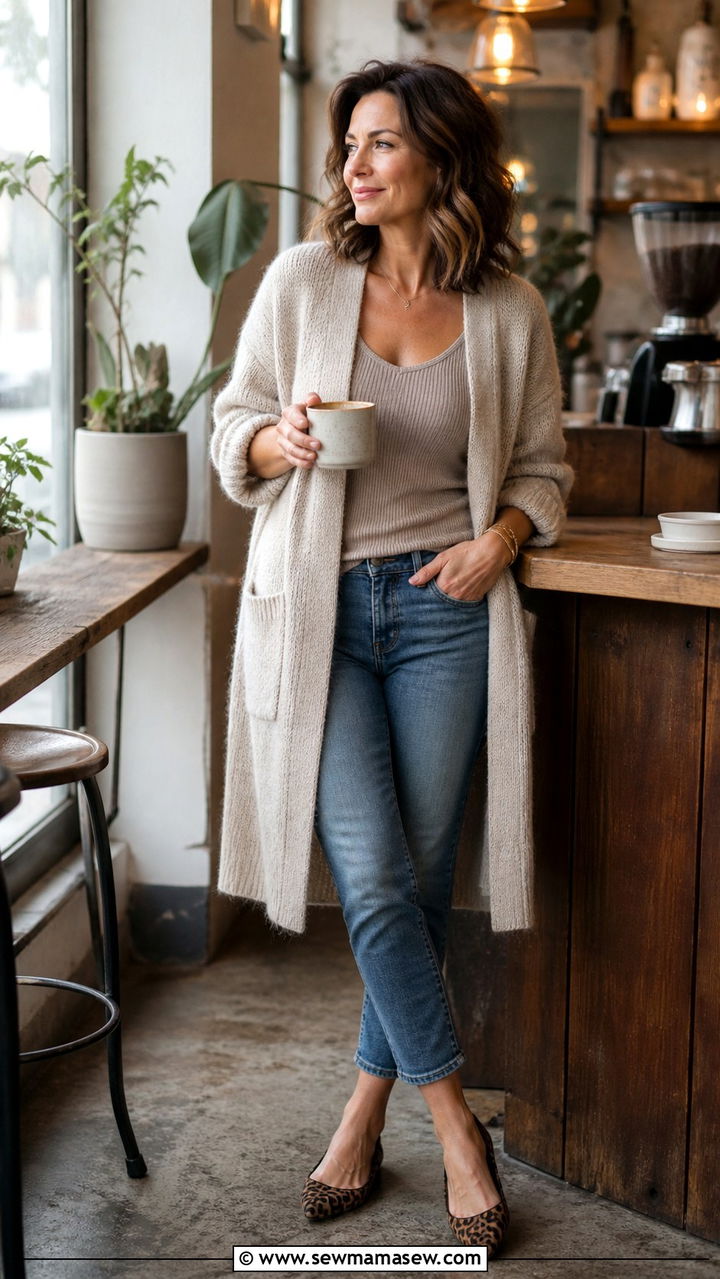 Relaxed Cardigan with Tank Top and Slim Cropped Jeans - 20 40 year old woman outfit ideas
