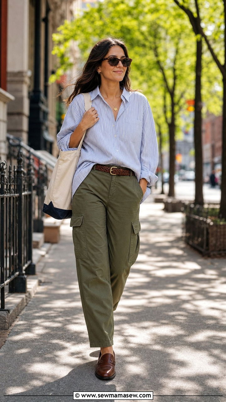 Relaxed Cargo Pants and Striped Button Down - 25 spring utility chic outfit ideas