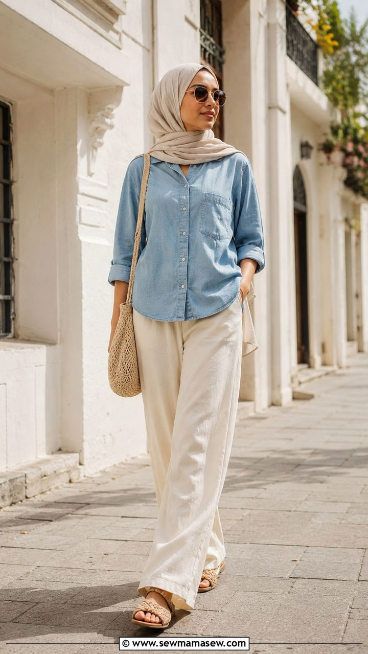 Relaxed Chambray Shirt With Cream Palazzo Pants - 25 Modest outfit ideas for humid weather