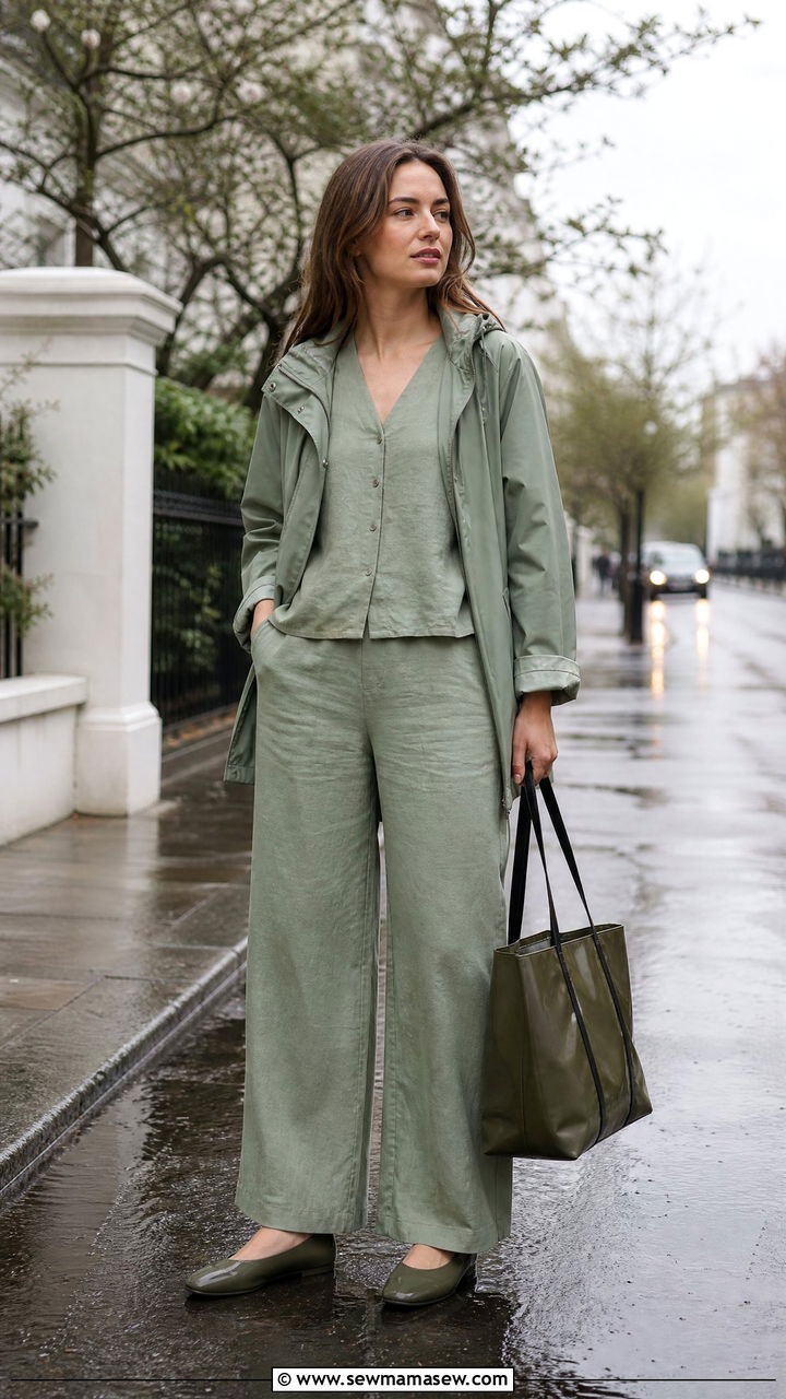 Relaxed Co Ord Set with Rain Shirt and Waterproof Flats - 30 summer rainy day outfit ideas