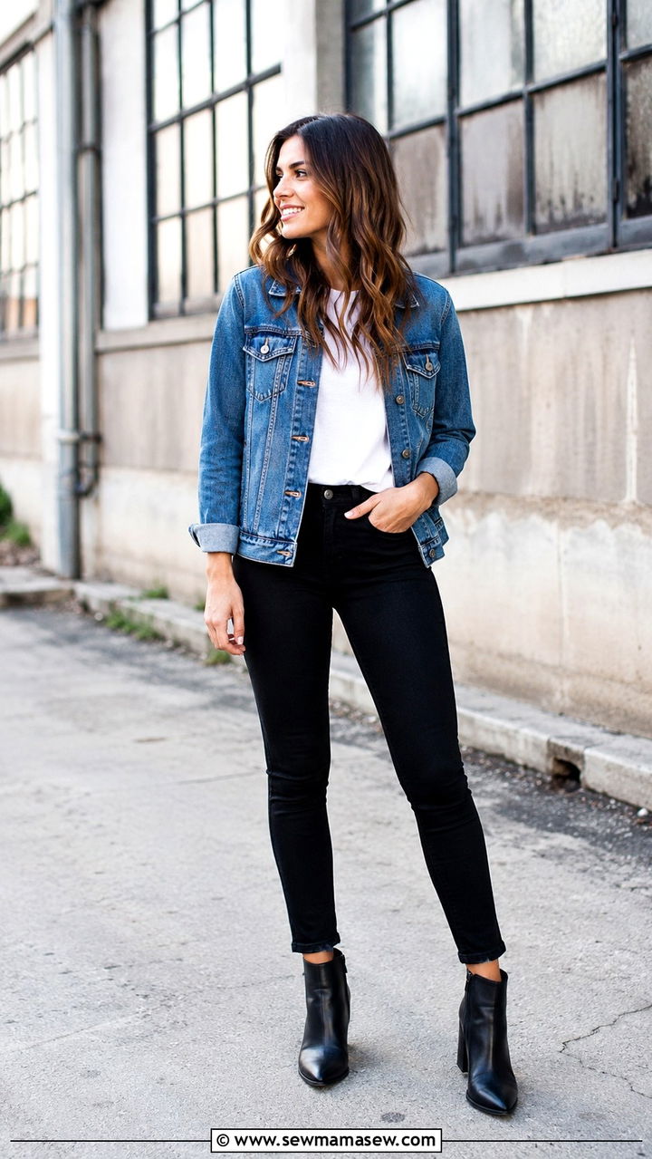 Relaxed Denim Jacket Over A White Tee With Black Skinny Jeans - 20 Profile photo outfit ideas