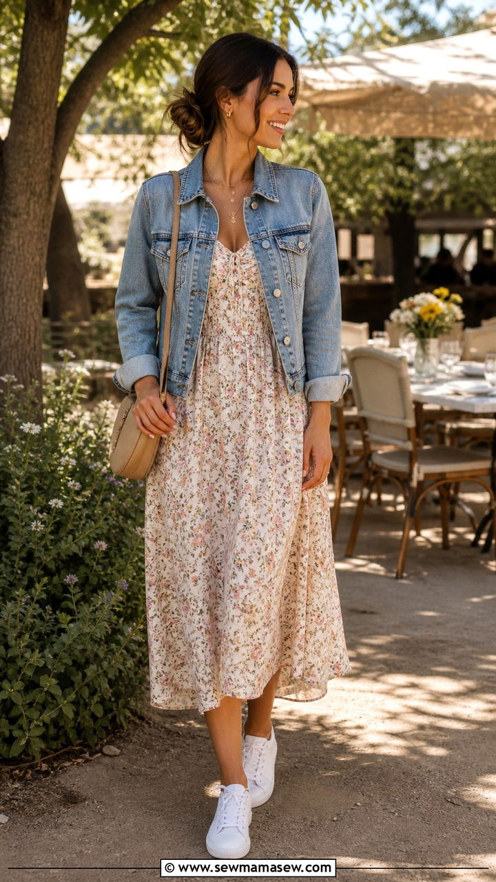 Relaxed Denim Jacket with Floral Sundress - 40 Spring vacation outfits