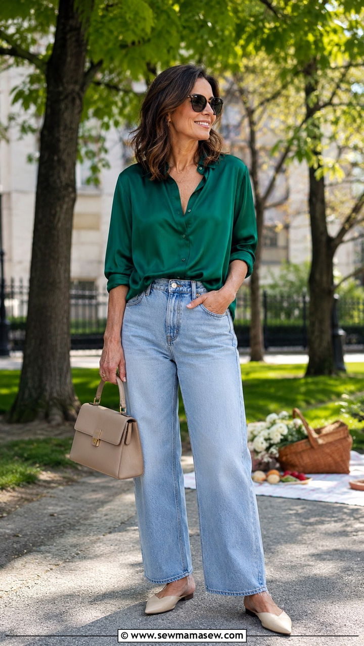 Relaxed Fit Jeans And Silk Blouse Picnic Outfit - 30 Picnic outfits for women over 40