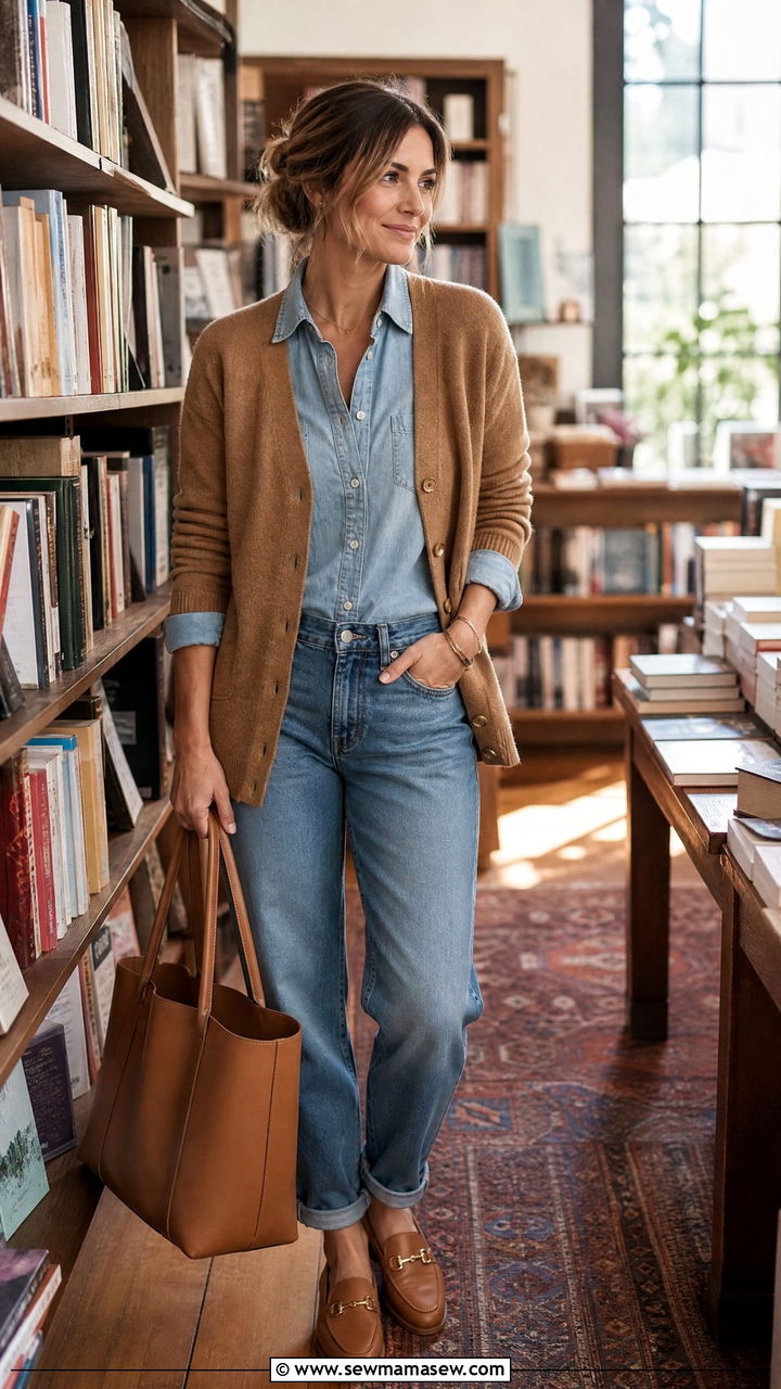 Relaxed Fit Jeans With Button Down And Cardigan - 25 casual outfits for modest women