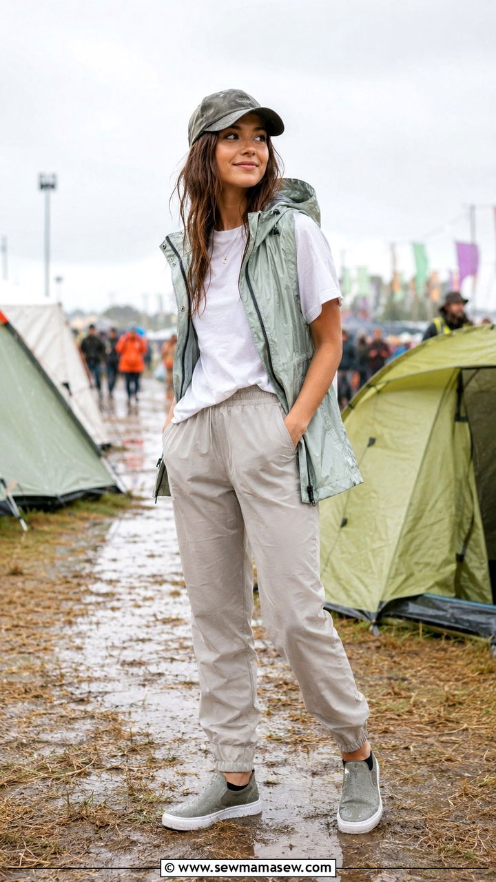 Relaxed Fit Joggers With Waterproof Vest and Tee - 25 Rainy festival outfit ideas