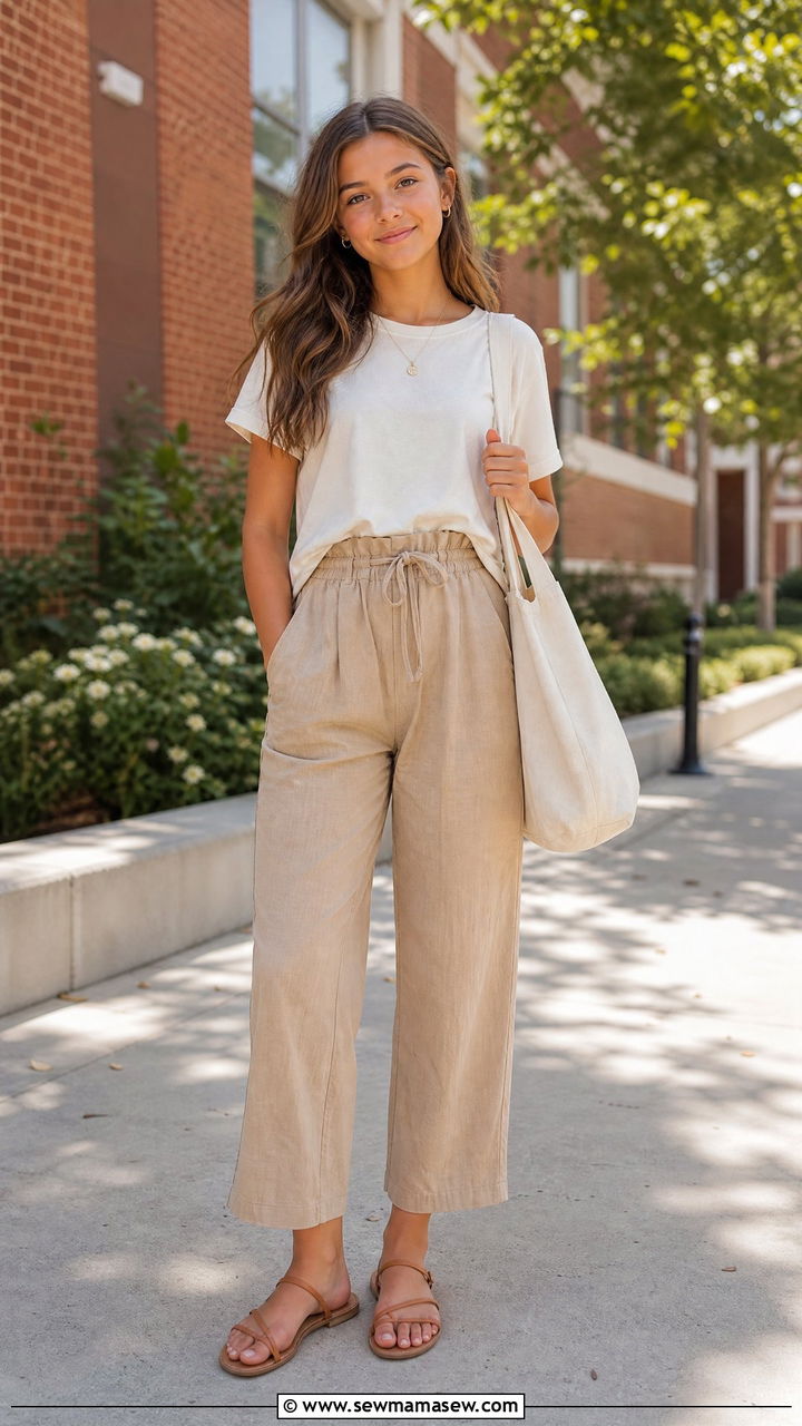 Relaxed Fit Tee With Paperbag Pants And Flat Sandals - 35 Middle school outfit ideas