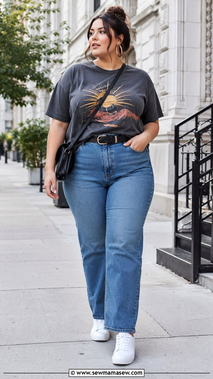 Relaxed Graphic Tee High Waisted Jeans and Sneakers Outfit - 30 Minimalist outfit ideas plus size