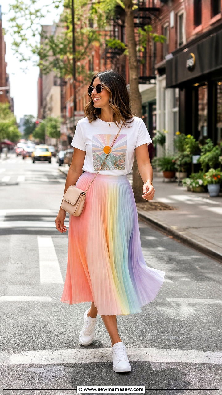 Relaxed Graphic Tee With Colorful Pleated Midi Skirt - 40 Summer outfit inspiration