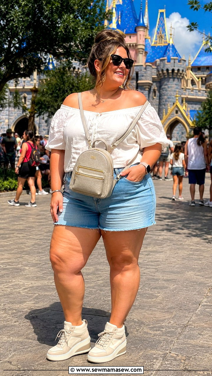 Relaxed Jean Shorts Off Shoulder Top and Wedge Sneakers - 30 Plus size theme park outfit ideas