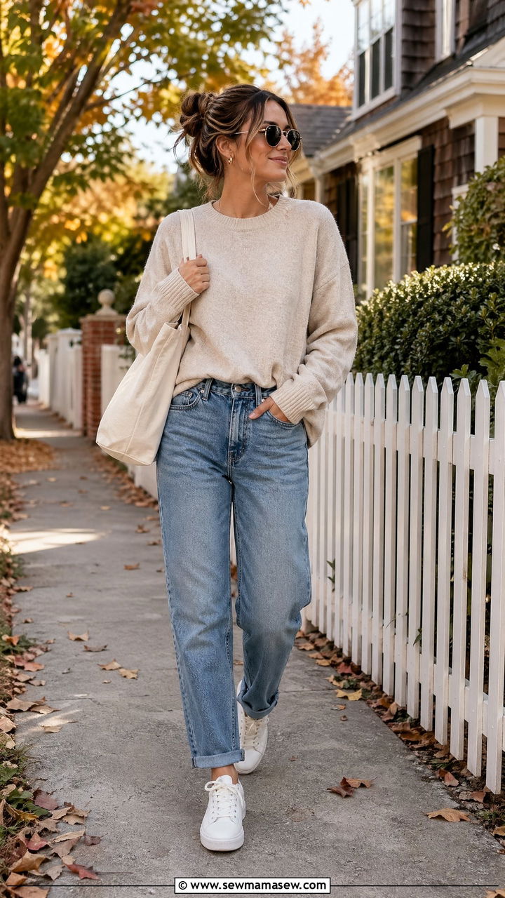 Relaxed Jeans and Soft Sweater with Sneakers and Tote - 35 errands outfits for women