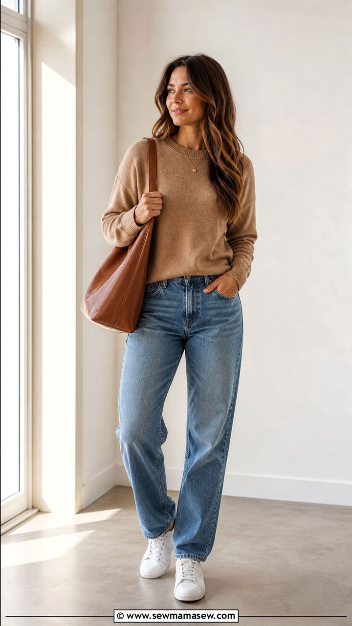Relaxed Jeans and Soft Sweater with Tote Bag Outfit - 40 running errands outfit ideas