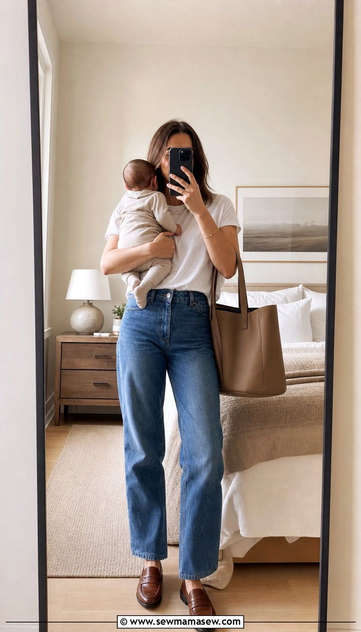 Relaxed Jeans with Classic White Tee and Loafers - 25 classy outfits for new moms