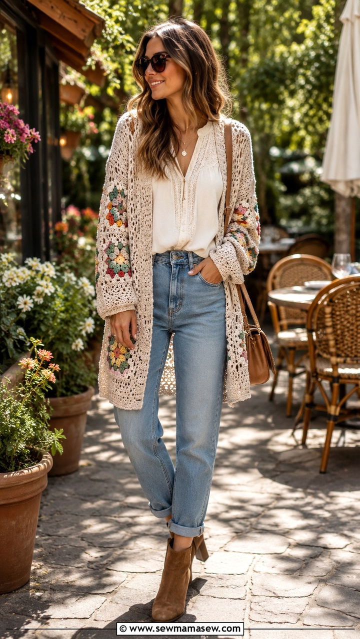 Relaxed Jeans with Crochet Cardigan - 30 brunch outfits Pinterest