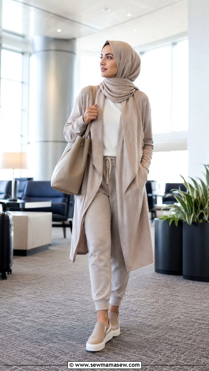 Relaxed Joggers With Long Cardigan And Slip On Sneakers For Airport - 30 Modest travel outfit ideas