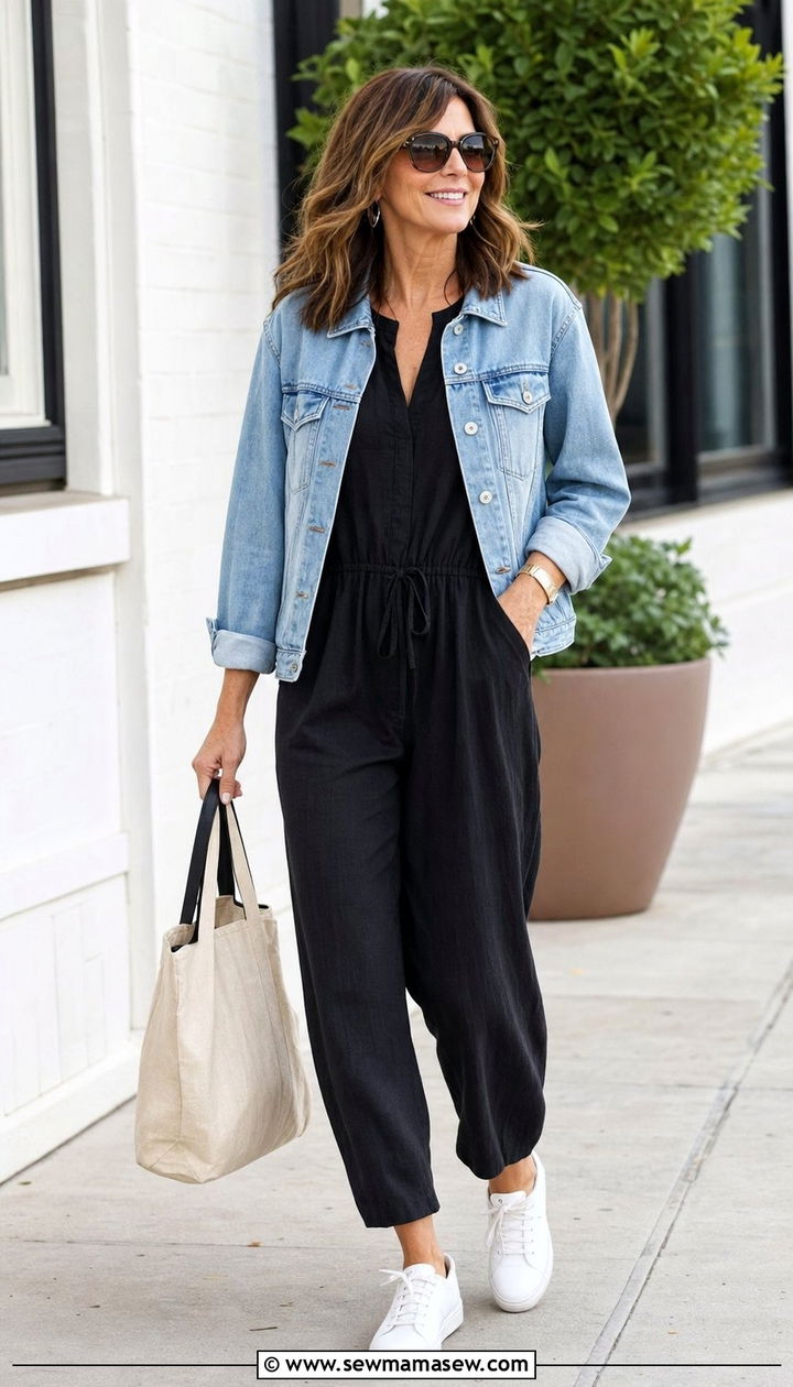 Relaxed Jumpsuit With Lightweight Denim Jacket - 25 Cover up outfit ideas for women over 40