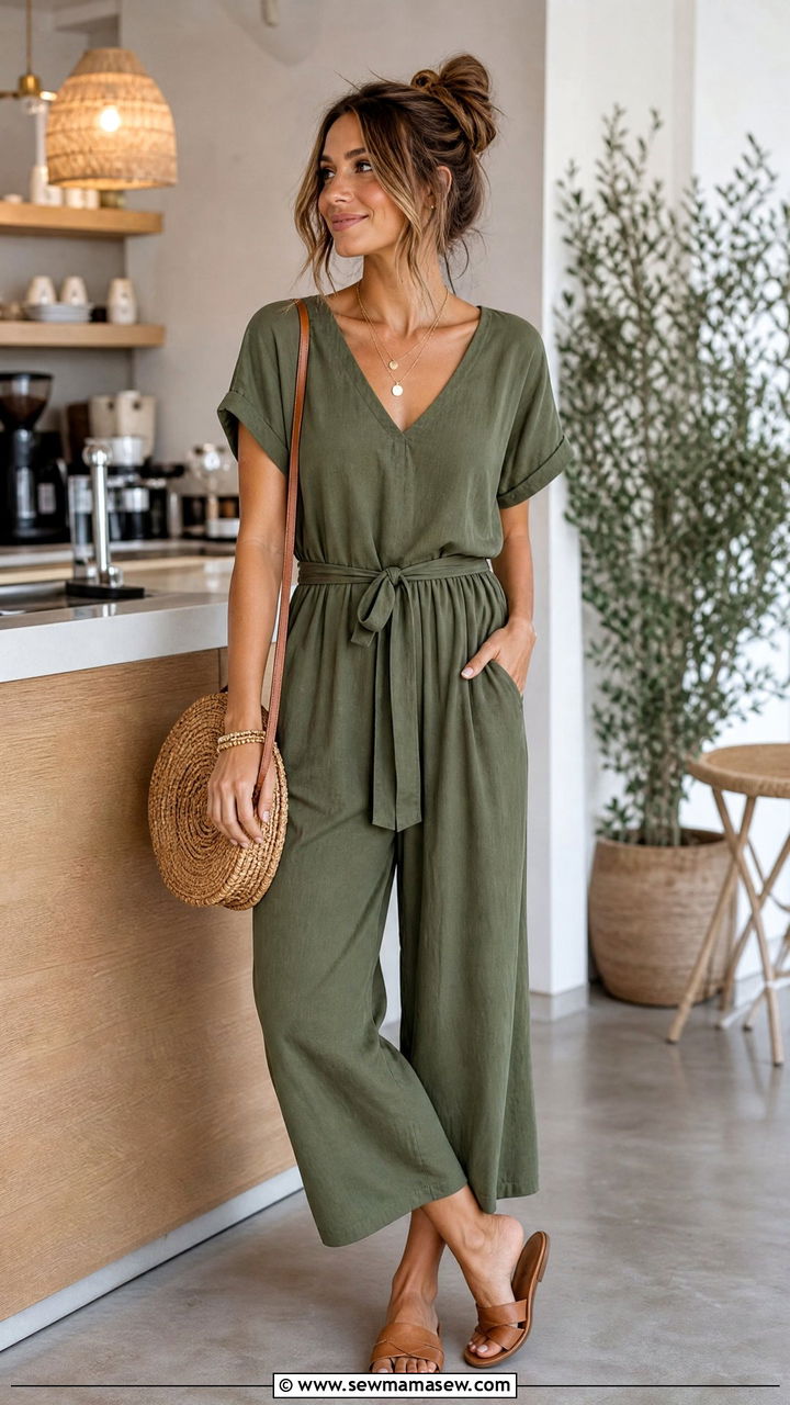 Relaxed Jumpsuit With Minimal Sandals - 30 Summer outfit ideas for stay at home mom