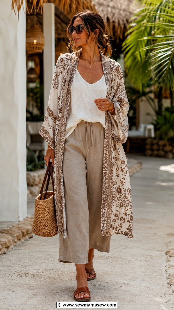 Relaxed Kimono with Linen Tank and Cropped Pants Outfit - 30 Boho outfit ideas for women over 40