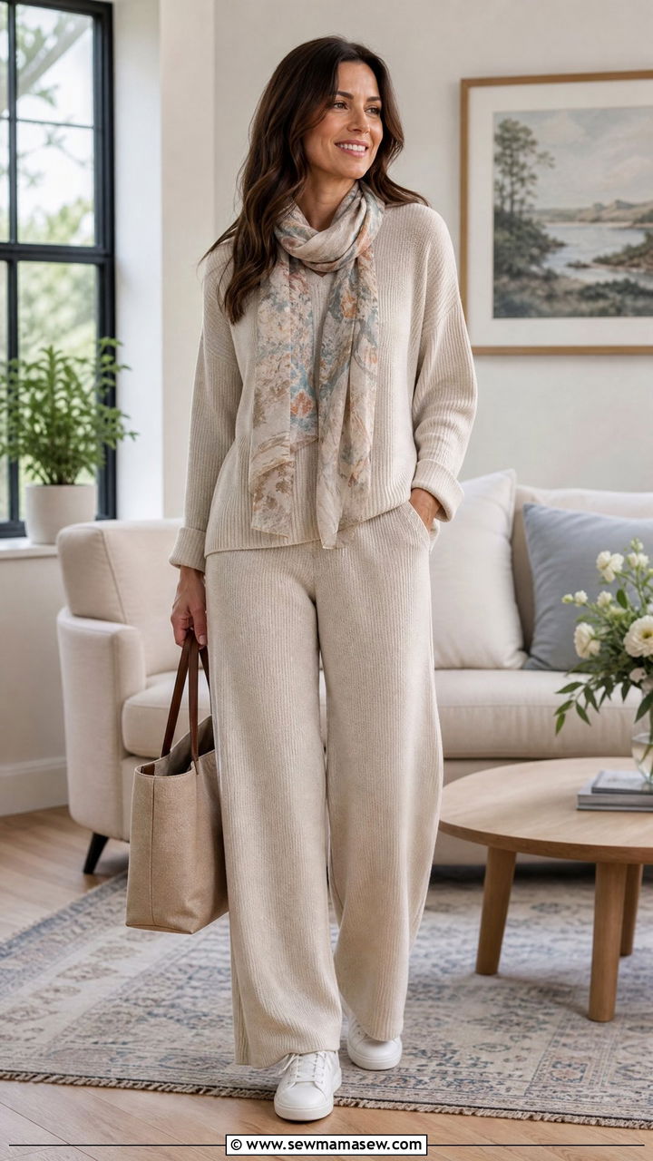 Relaxed Knit Set with a Lightweight Scarf - 20 Spring outfits for 60 degree weather